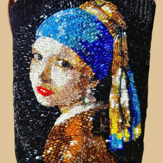 Hand-Beaded Iconic Portrait Tote Bag with Pearl Detail and Chain Strap