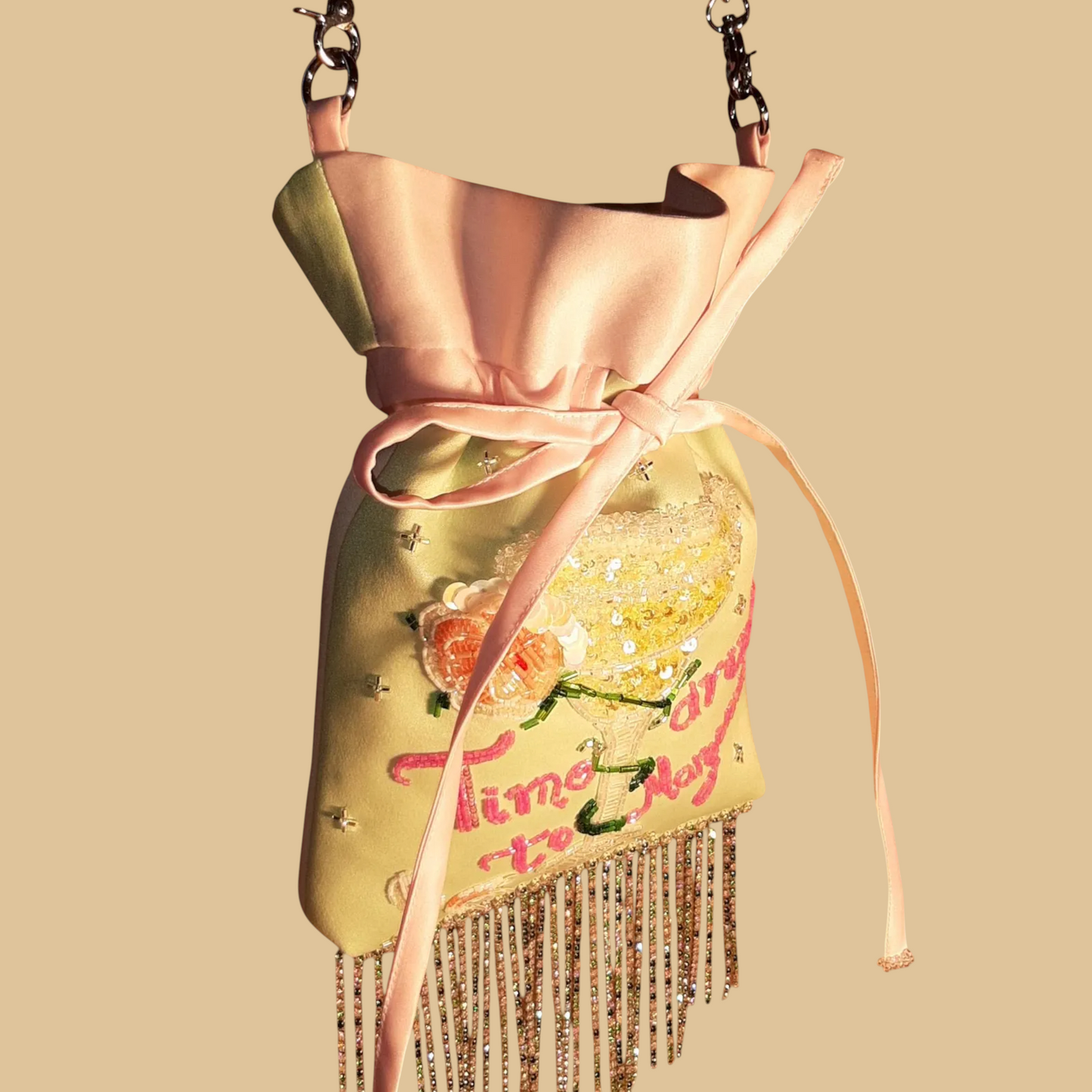 Two-Tone Satin Hand-Beaded Tote Bag in Pink and Light Blue