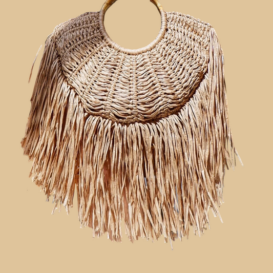 Handmade Macramé Shoulder Bag with Bohemian Fringe and Wooden Details
