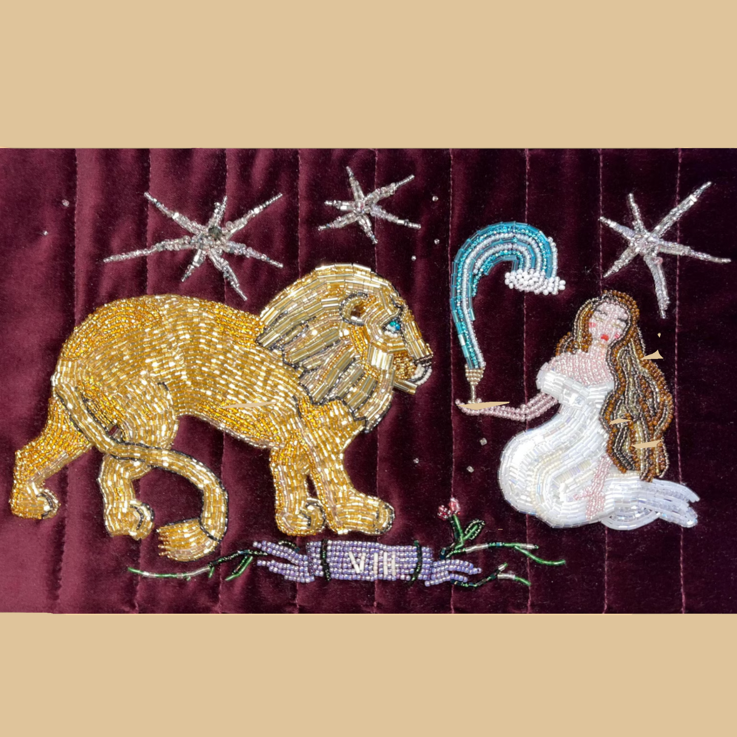 Hand-Beaded Velvet Bucket Bag with Lion and Celestial Stars Embroidery