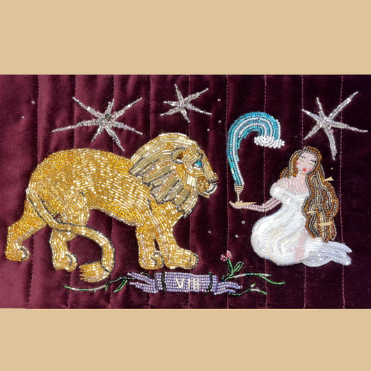 Hand-Beaded Velvet Bucket Bag with Lion and Celestial Stars Embroidery