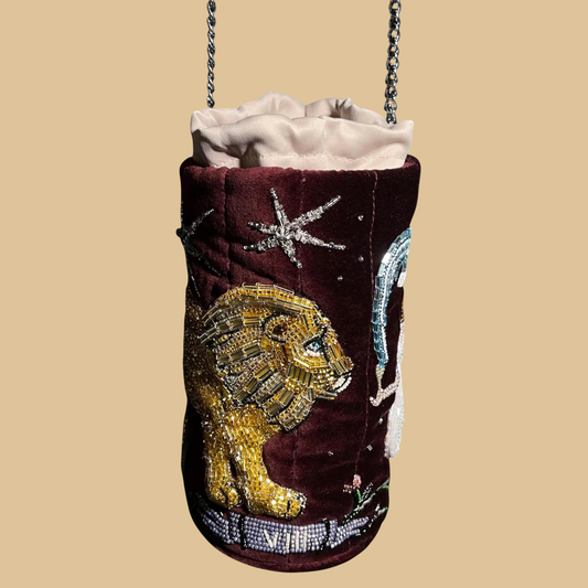 Hand-Beaded Velvet Bucket Bag with Lion and Celestial Stars Embroidery