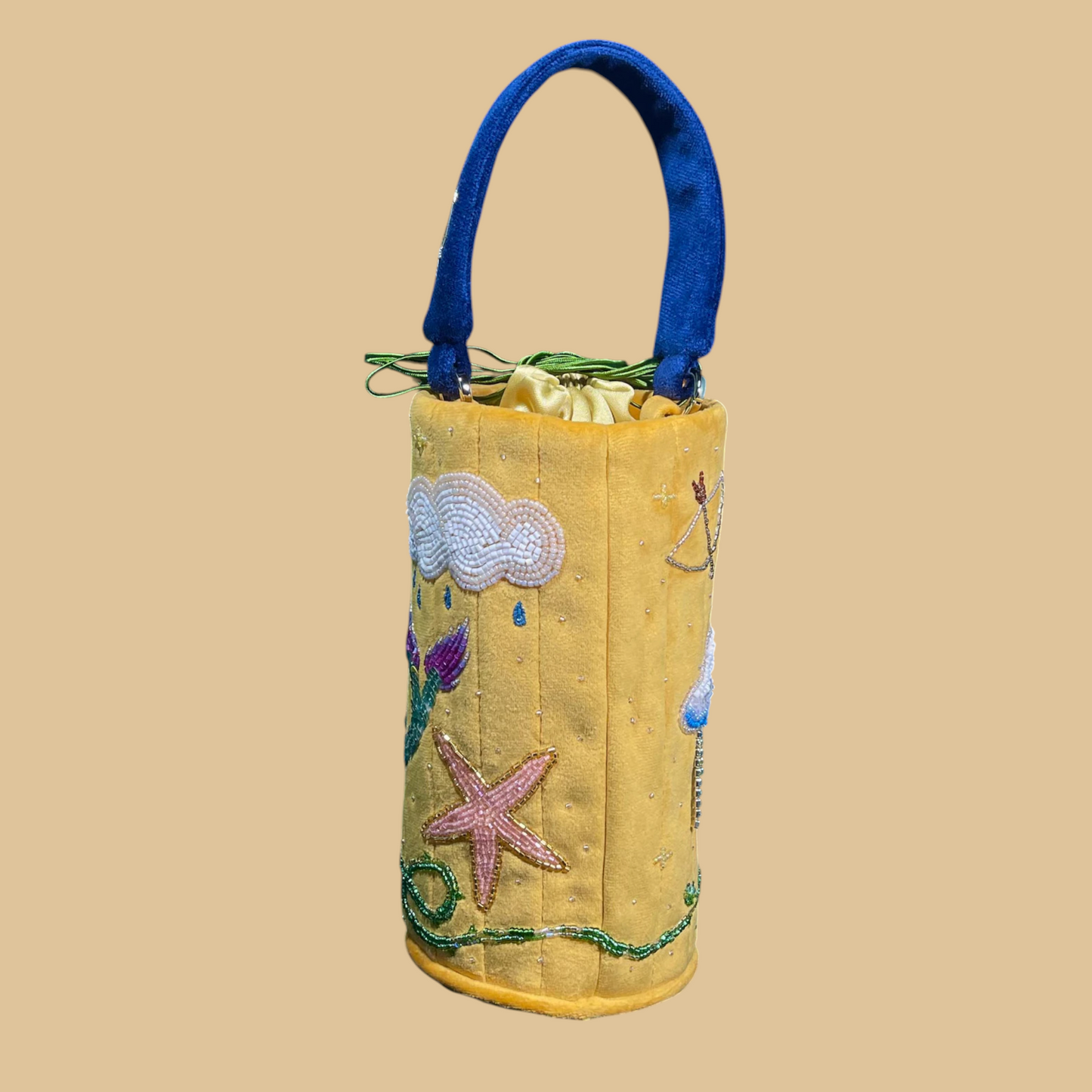 Hand-Beaded Pastel Velvet Bucket Bag with Textured Artisan Beadwork