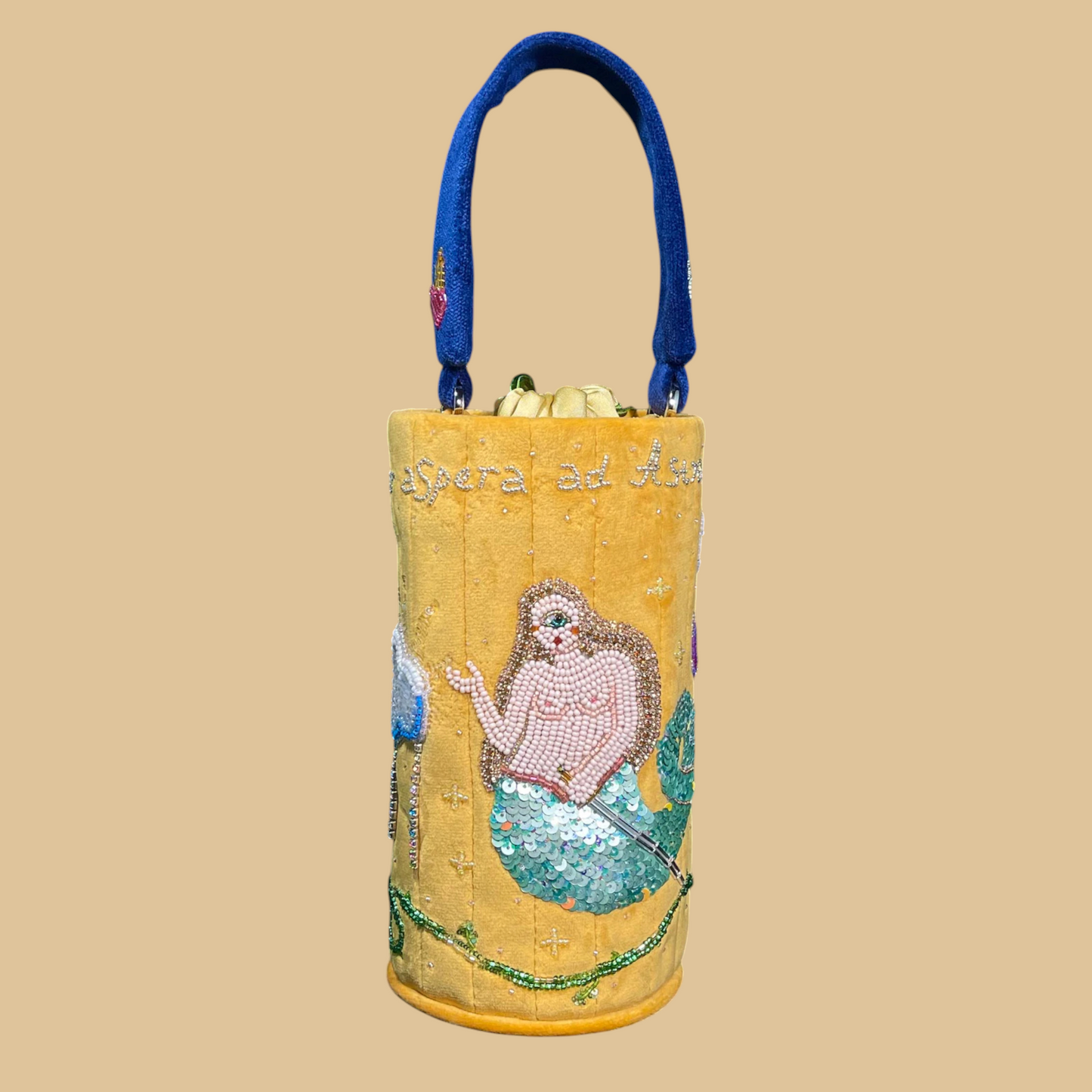 Hand-Beaded Pastel Velvet Bucket Bag with Textured Artisan Beadwork