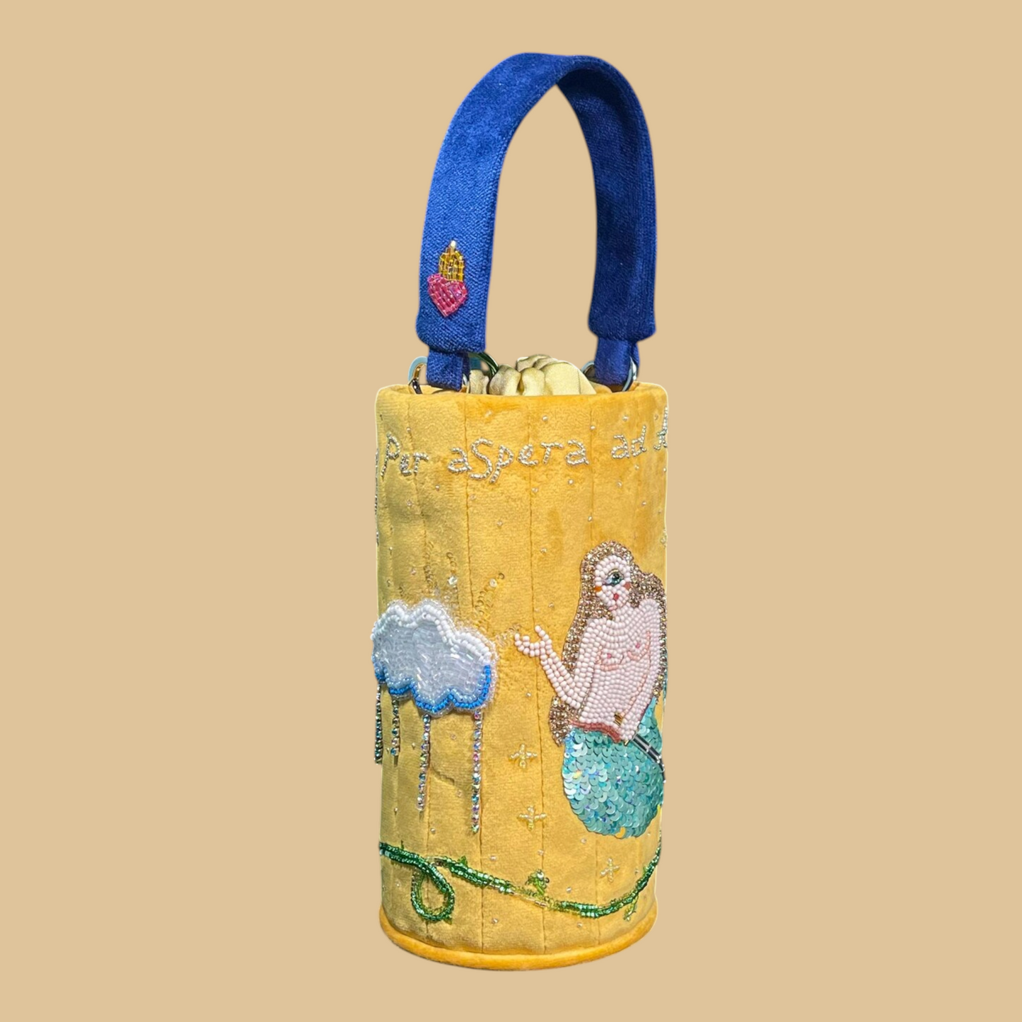 Hand-Beaded Pastel Velvet Bucket Bag with Textured Artisan Beadwork