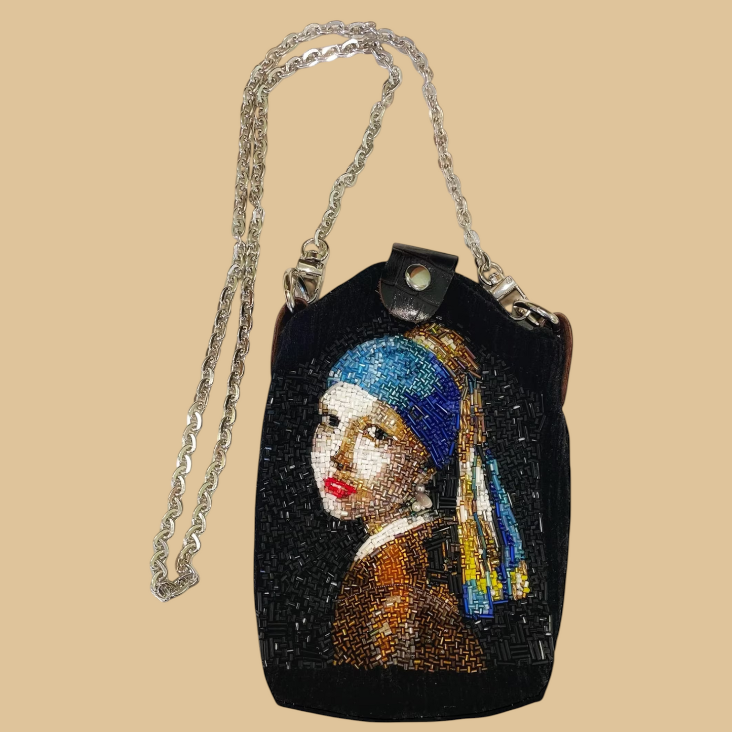 Hand-Beaded Iconic Portrait Tote Bag with Pearl Detail and Chain Strap