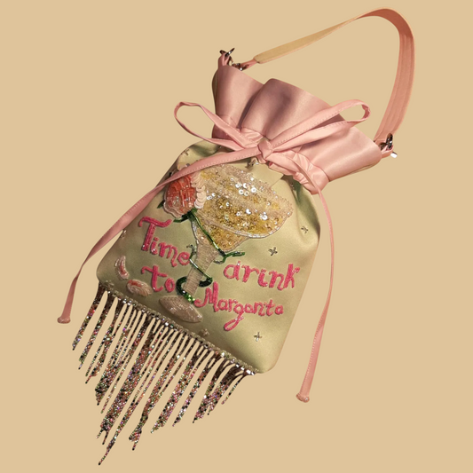 Two-Tone Satin Hand-Beaded Tote Bag in Pink and Light Blue