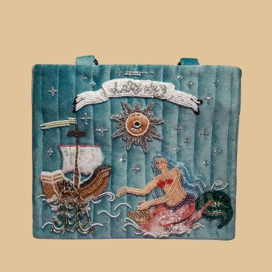 Hand-Beaded Textile Evening Bag with Dimensional Pearl and Glass Beadwork
