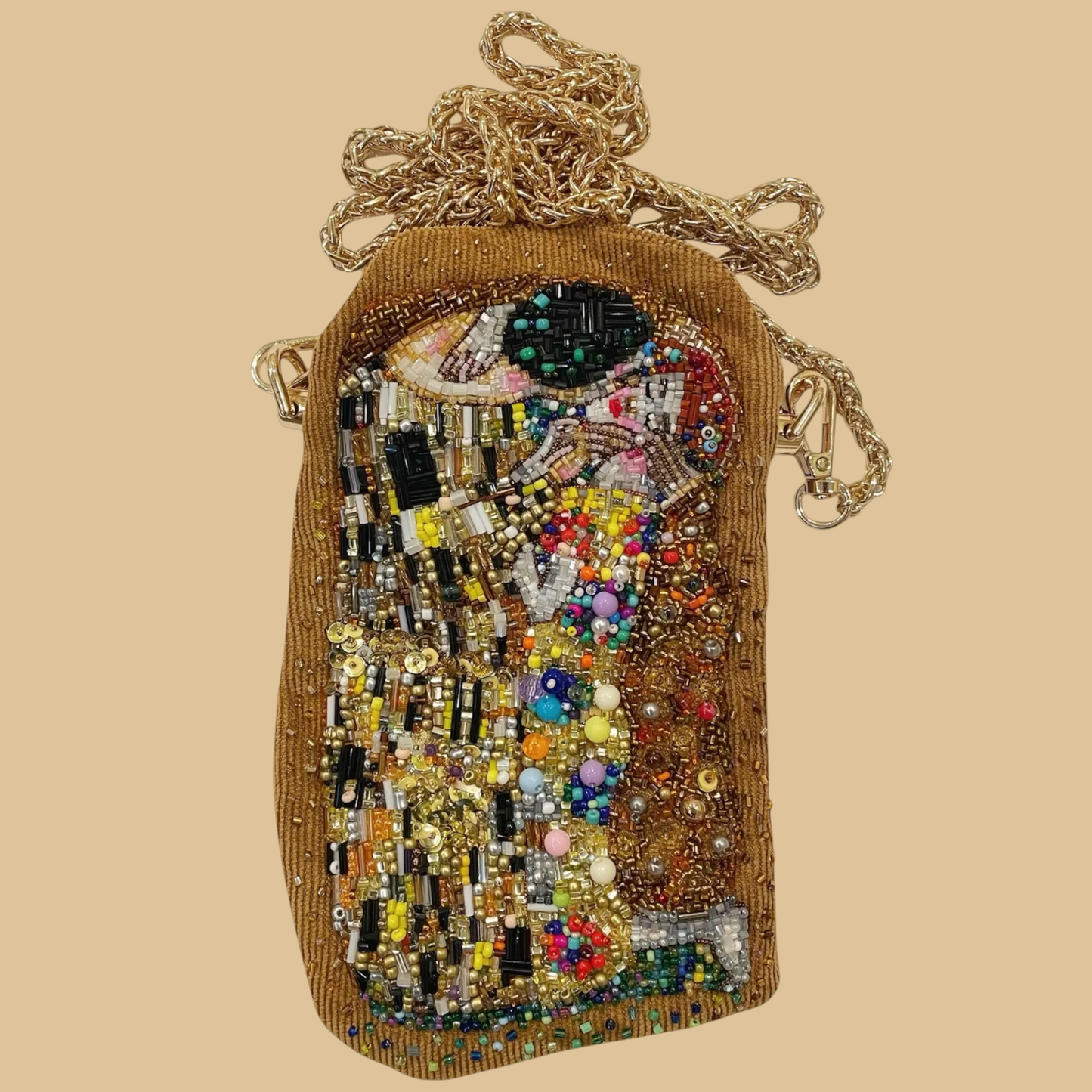 Hand-Beaded "The Kiss" Artistic Mini Bag | Brown Velvet Clutch with Gold Chain