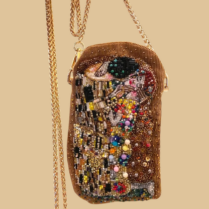 Hand-Beaded "The Kiss" Artistic Mini Bag | Brown Velvet Clutch with Gold Chain