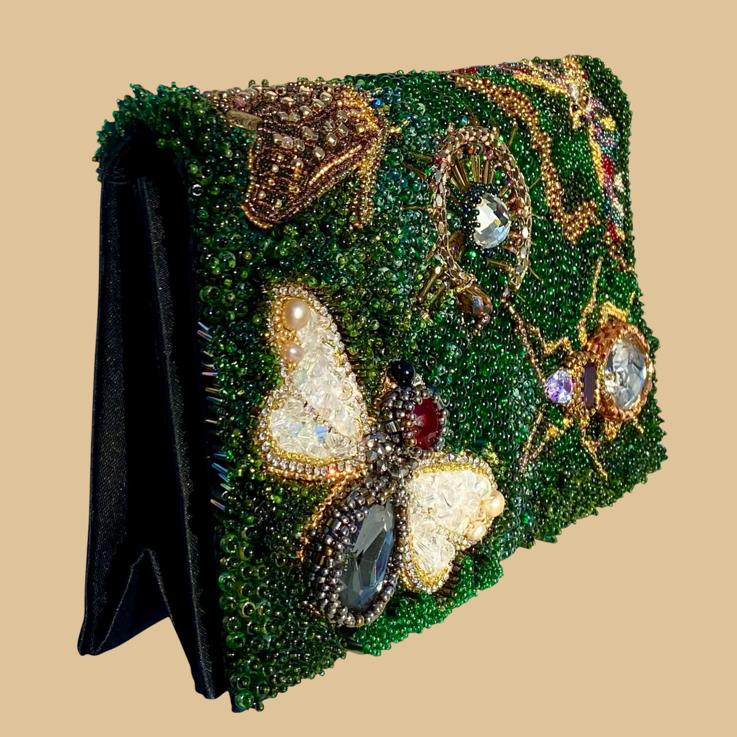 Hand-Beaded Textile Bag with 3D Insect Embroidery | Artisan Beetle & Bee Handbag
