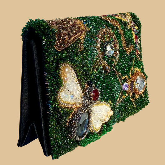 Hand-Beaded Textile Bag with 3D Insect Embroidery | Artisan Beetle & Bee Handbag