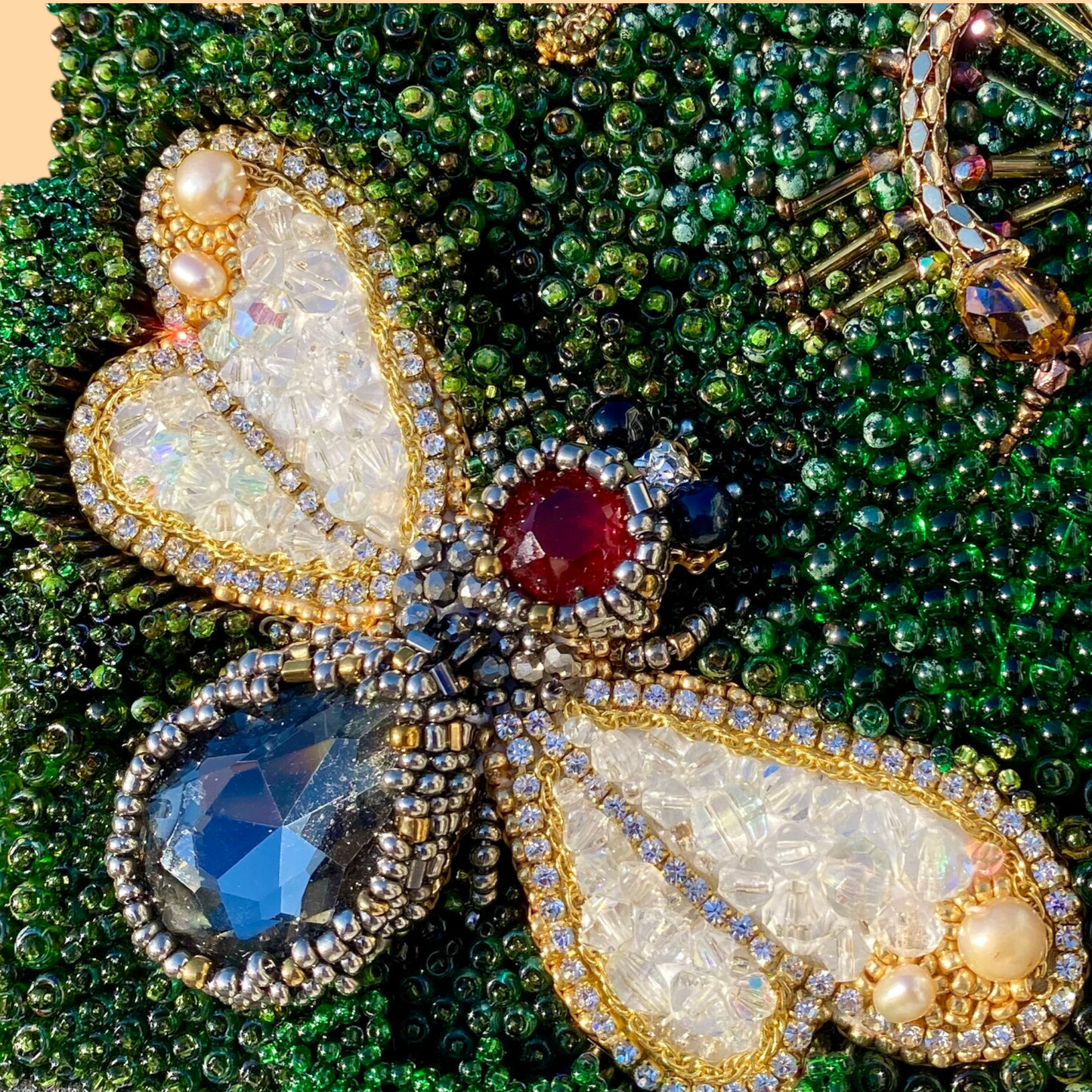 Hand-Beaded Textile Bag with 3D Insect Embroidery | Artisan Beetle & Bee Handbag
