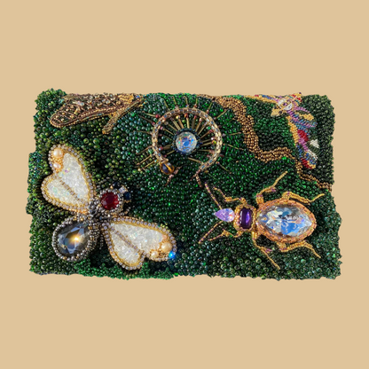 Hand-Beaded Textile Bag with 3D Insect Embroidery | Artisan Beetle & Bee Handbag