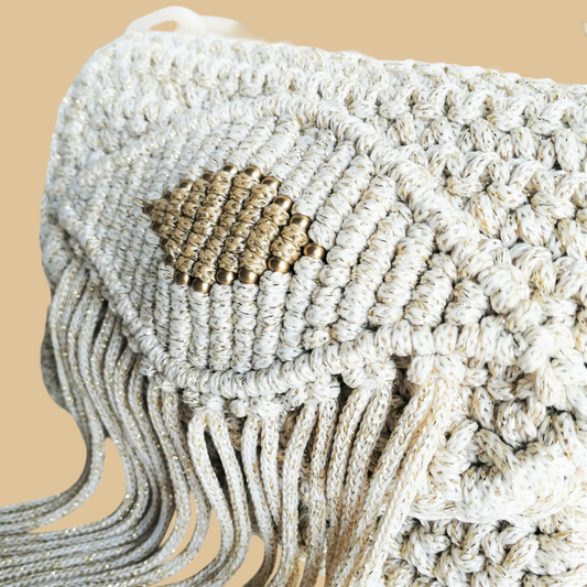 Handmade Macramé Shoulder Bag with Artisanal Weave and Bohemian Fringe