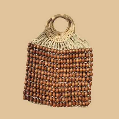 Handmade Wooden Bead Handbag with Architectural Geometric Silhouette