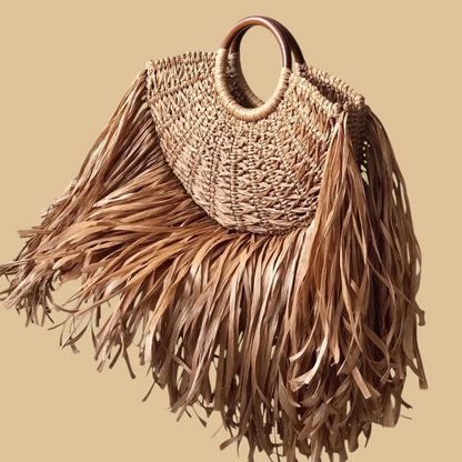 Handmade Macramé Shoulder Bag with Bohemian Fringe and Wooden Details