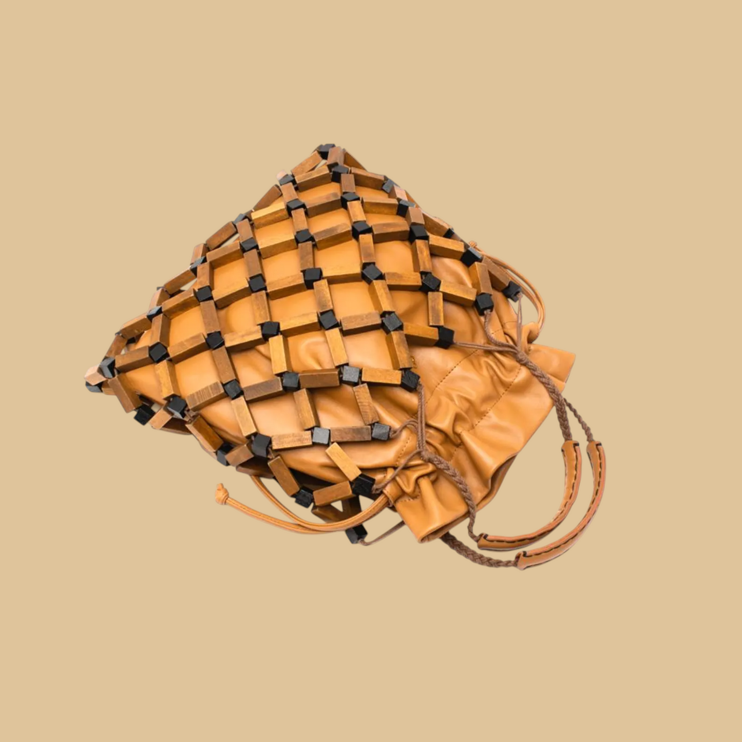 Handmade Wooden Bead Handbag with Artisanal Circular Weave Design