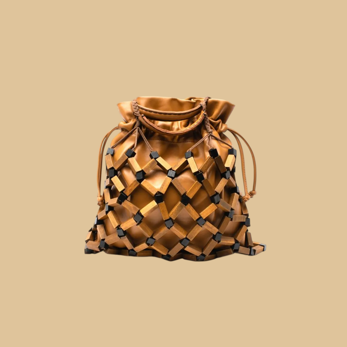 Handmade Wooden Bead Handbag with Artisanal Circular Weave Design