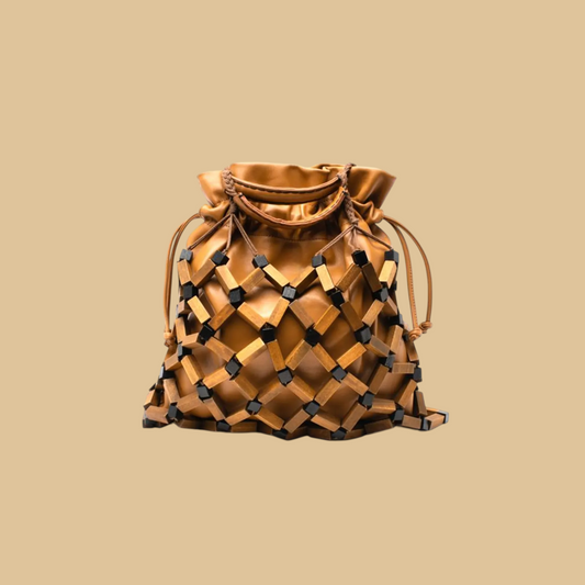 Handmade Wooden Bead Handbag with Artisanal Circular Weave Design
