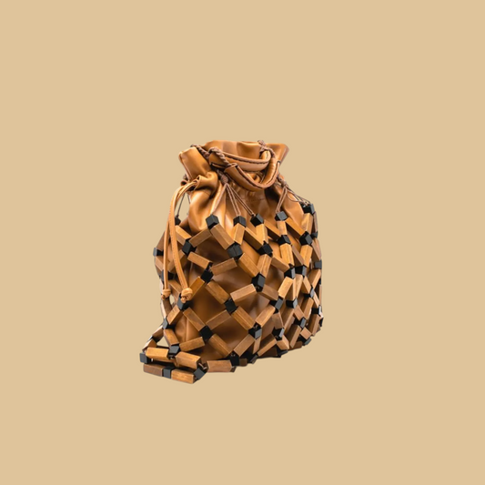 Handmade Wooden Bead Handbag with Artisanal Circular Weave Design