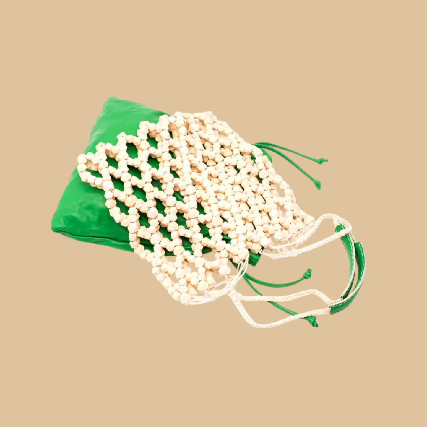 Handmade Wooden Bead Handbag with Natural Boho Lattice Weave