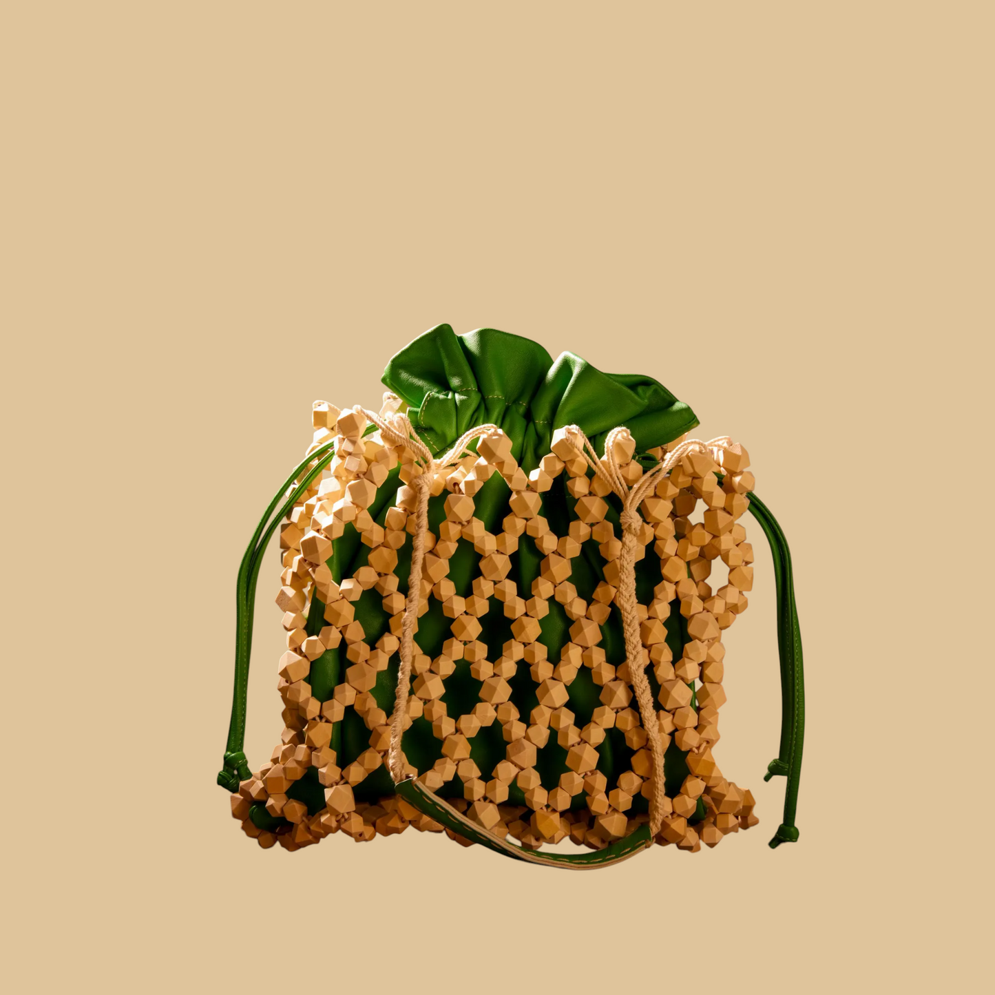 Handmade Wooden Bead Handbag with Natural Boho Lattice Weave