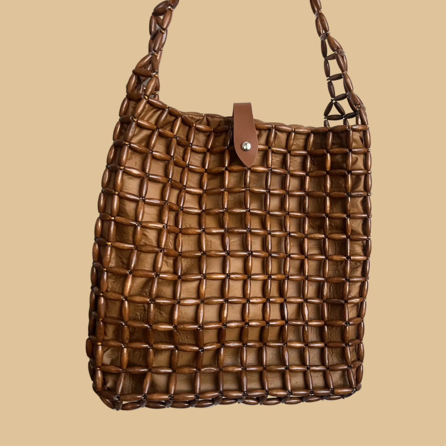 Handmade Wooden Bead Shoulder Bag with Geometric Contrast Weave
