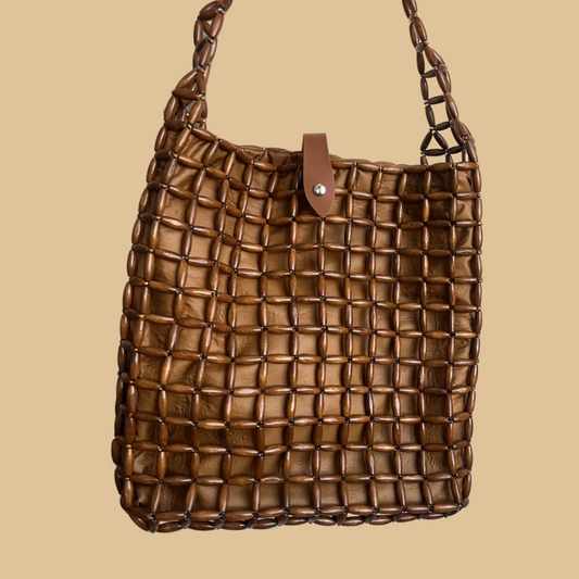 Handmade Wooden Bead Shoulder Bag with Geometric Contrast Weave