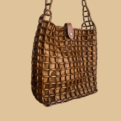 Handmade Wooden Bead Shoulder Bag with Geometric Contrast Weave