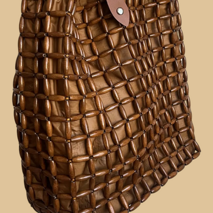 Handmade Wooden Bead Shoulder Bag with Geometric Contrast Weave